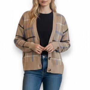 Rachel Zoe Beige Plaid Button Front Cardigan Sweater Preppy Academia